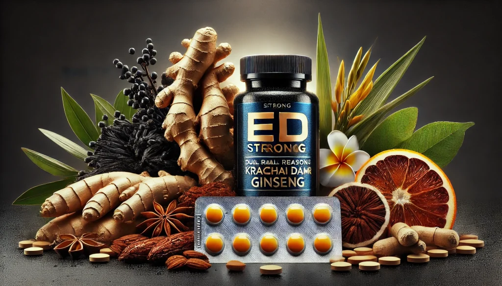 黒しょうが、高麗人参、ガラナなどのハーブ素材とED治療薬の錠剤がスポットライトで照らされ、「タイの精力剤は強い」とされる理由を象徴する構成。