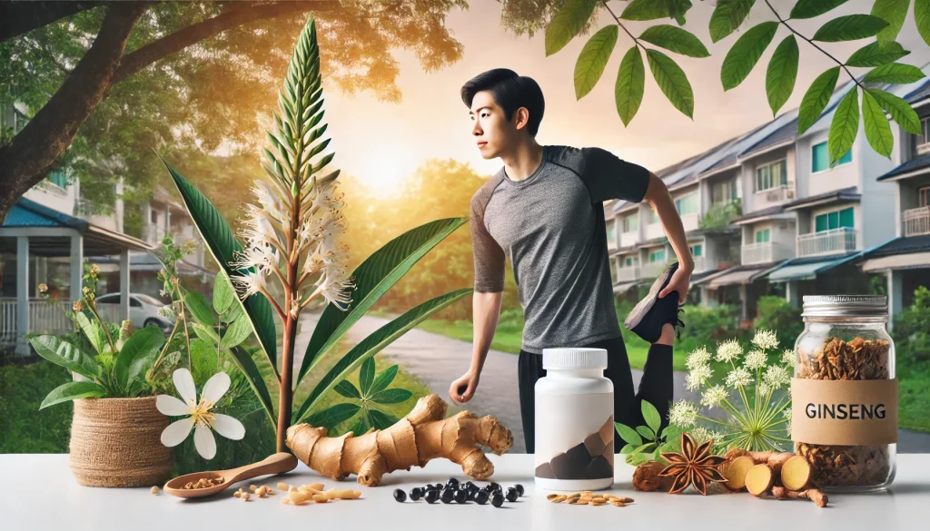 朝の公園でストレッチをする健康的な日本人男性の周囲に、クラチャイダムや高麗人参、自然派サプリメントが描かれ、日常の活力向上を象徴している。