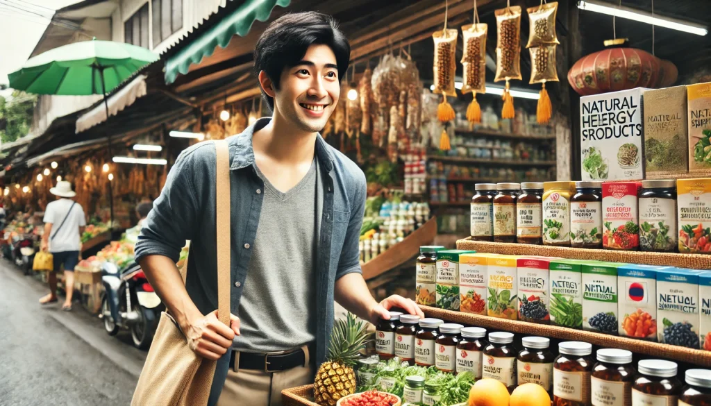 タイの屋外市場で、日本人男性がハーブ系の精力サプリを興味深そうに見ている様子。お土産としての購入を検討する姿を穏やかに描写