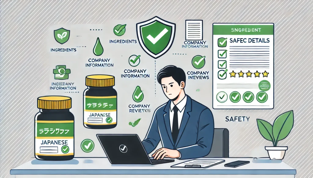 ノートパソコンで精力サプリの成分や販売元情報を慎重に確認している日本人男性の横に、安全性を象徴するチェックマークやシールドアイコンが並ぶオンライン購入シーン。