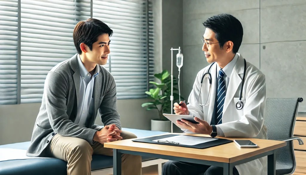 医療機関の診察室で、日本人男性が医師と落ち着いた雰囲気で相談しており、ED治療薬や海外サプリ使用前の医療アドバイスの重要性を示している。