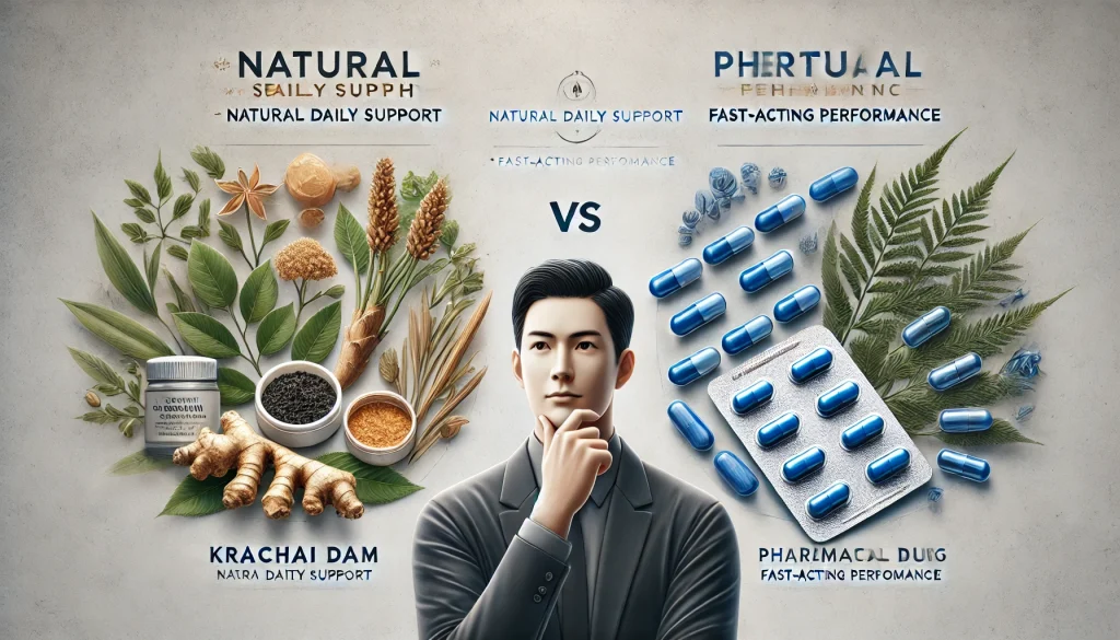 タイの精力剤を検討する日本人男性が、ハーブ系サプリとED治療薬の2つを比較しながら思案しているイメージ。背景には自然素材と薬のビジュアルが対比されている。